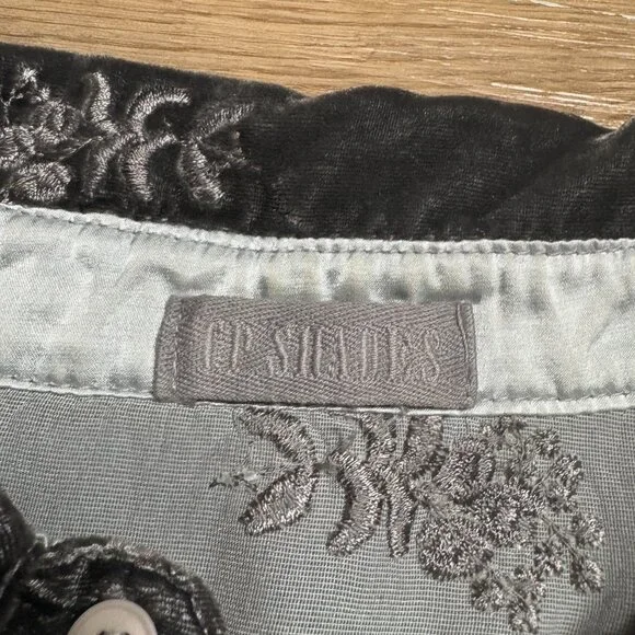 CP Shades gray velvet shirt floral embroidery S small long sleeve button up